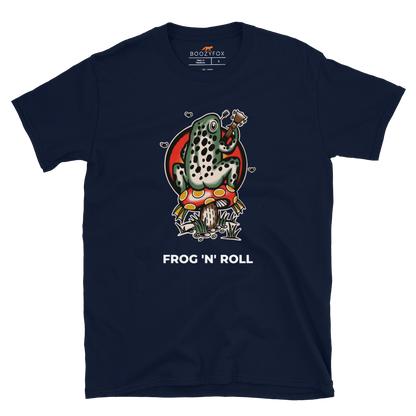 Navy Frog T-Shirt featuring the awesome 'Frog 'n' Roll' graphic on the chest - Funny Graphic Frog T-Shirts - Boozy Fox
