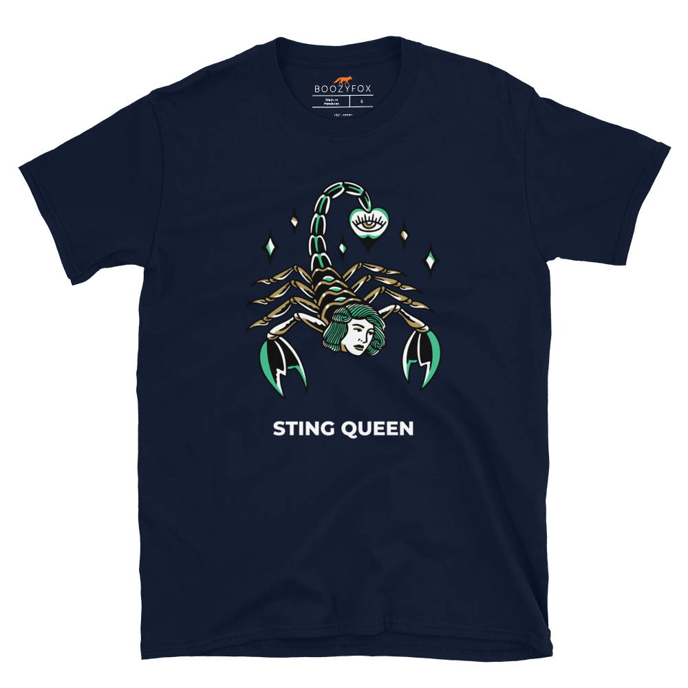Navy Scorpion T-Shirt featuring the Sting Queen graphic on the chest - Cool Graphic Scorpion T-Shirts - Boozy Fox