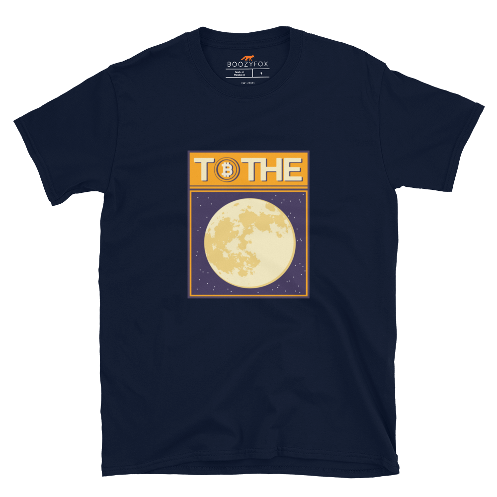 Navy Bitcoin T-Shirt featuring a funny To The Moon graphic on the chest - Cool Graphic Bitcoin T-Shirts - Boozy Fox