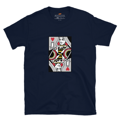 Navy Queen of Hearts Playing Card T-Shirt featuring a cool Queen of Hearts graphic on the chest - Cool Graphic Queen of Hearts Playing Card T-Shirts - Boozy Fox