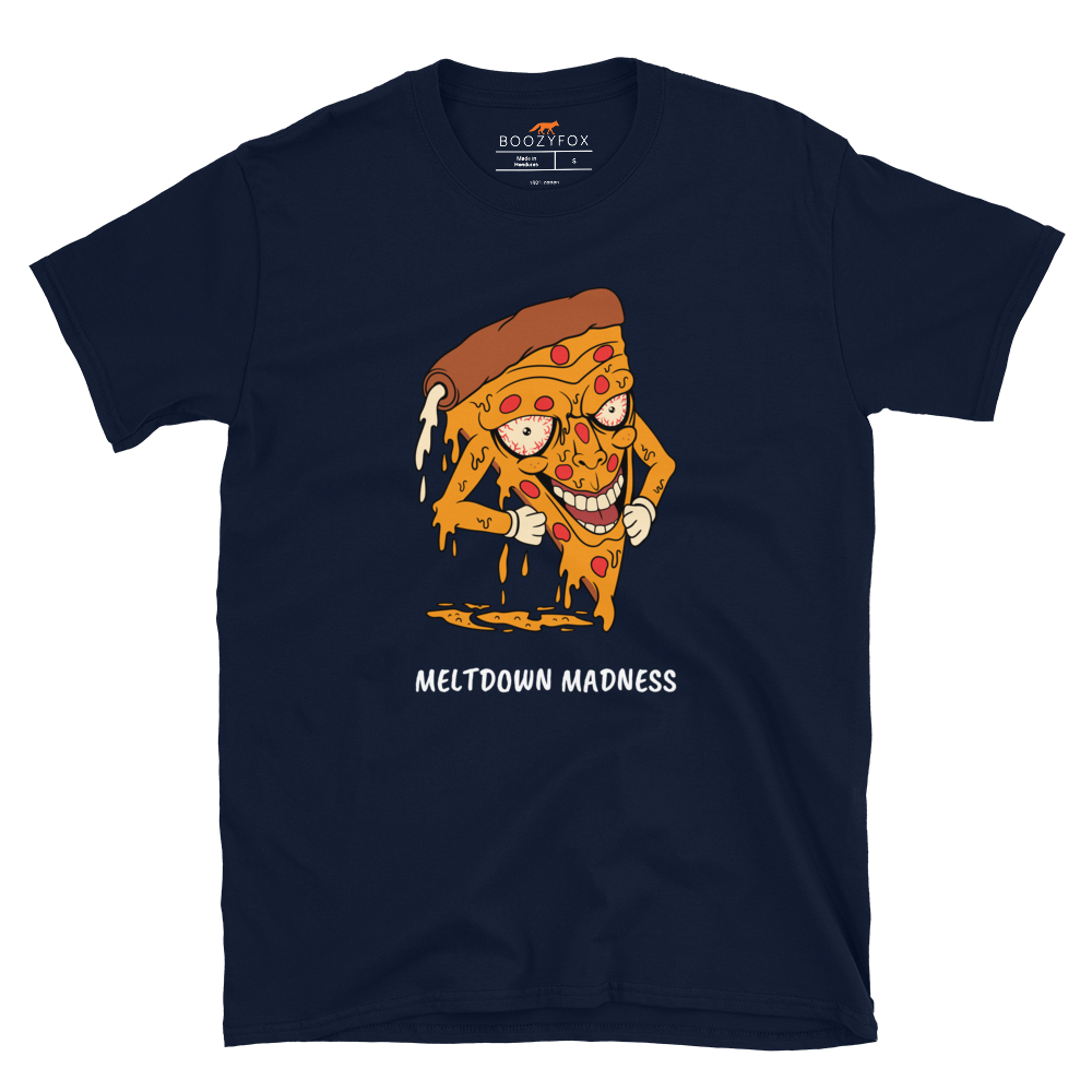Navy Melting Pizza T-Shirt featuring the hilarious Meltdown Madness graphic on the chest - Funny Graphic Pizza T-Shirts - Boozy Fox