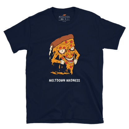 Navy Melting Pizza T-Shirt featuring the hilarious Meltdown Madness graphic on the chest - Funny Graphic Pizza T-Shirts - Boozy Fox