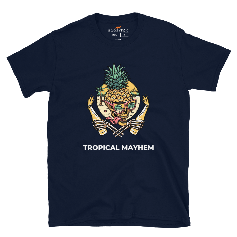 Navy Tropical Mayhem T-Shirt featuring a Crazy Pineapple Skull graphic on the chest - Funny Graphic Pineapple T-Shirts - Boozy Fox