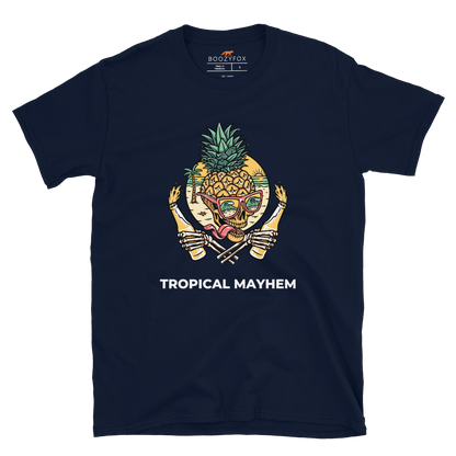 Navy Tropical Mayhem T-Shirt featuring a Crazy Pineapple Skull graphic on the chest - Funny Graphic Pineapple T-Shirts - Boozy Fox