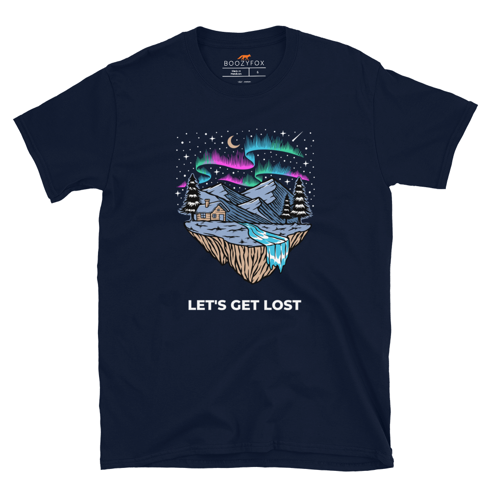 Navy Let's Get Lost T-Shirt featuring a mesmerizing night sky, adorned with stars and aurora borealis graphic on the chest - Cool Graphic Northern Lights T-Shirts - Boozy Fox