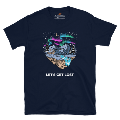 Navy Let's Get Lost T-Shirt featuring a mesmerizing night sky, adorned with stars and aurora borealis graphic on the chest - Cool Graphic Northern Lights T-Shirts - Boozy Fox