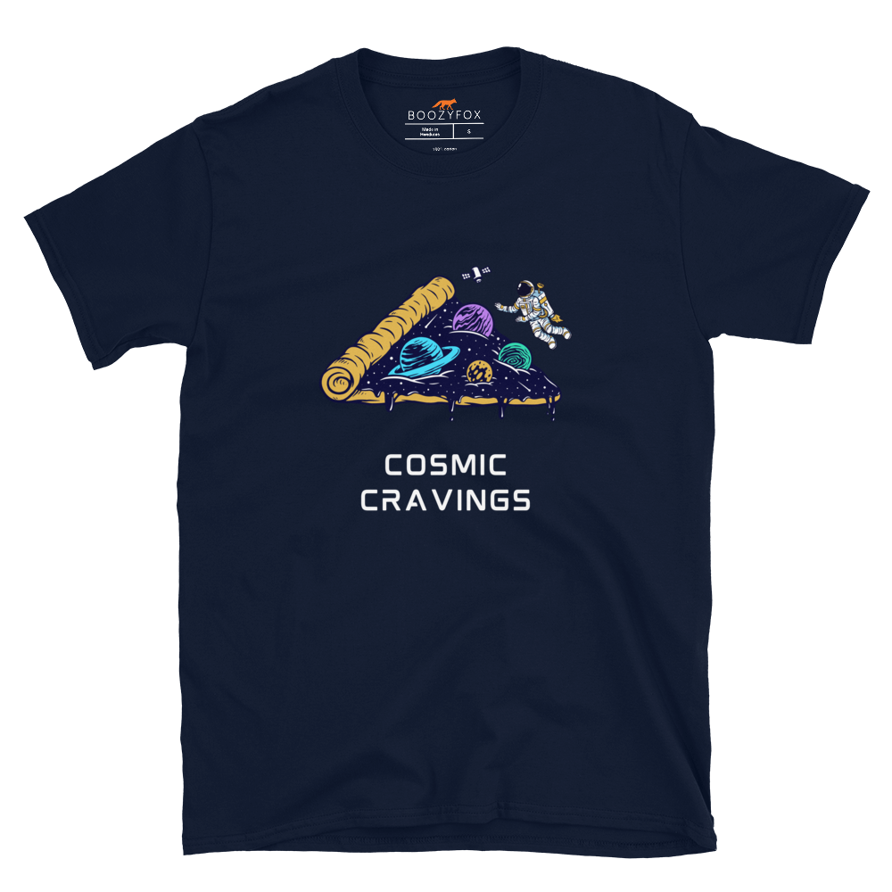 Navy Cosmic Cravings T-Shirt featuring an Astronaut Exploring a Pizza Universe graphic on the chest - Funny Graphic Space T-Shirts - Boozy Fox