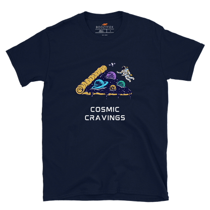 Navy Cosmic Cravings T-Shirt featuring an Astronaut Exploring a Pizza Universe graphic on the chest - Funny Graphic Space T-Shirts - Boozy Fox