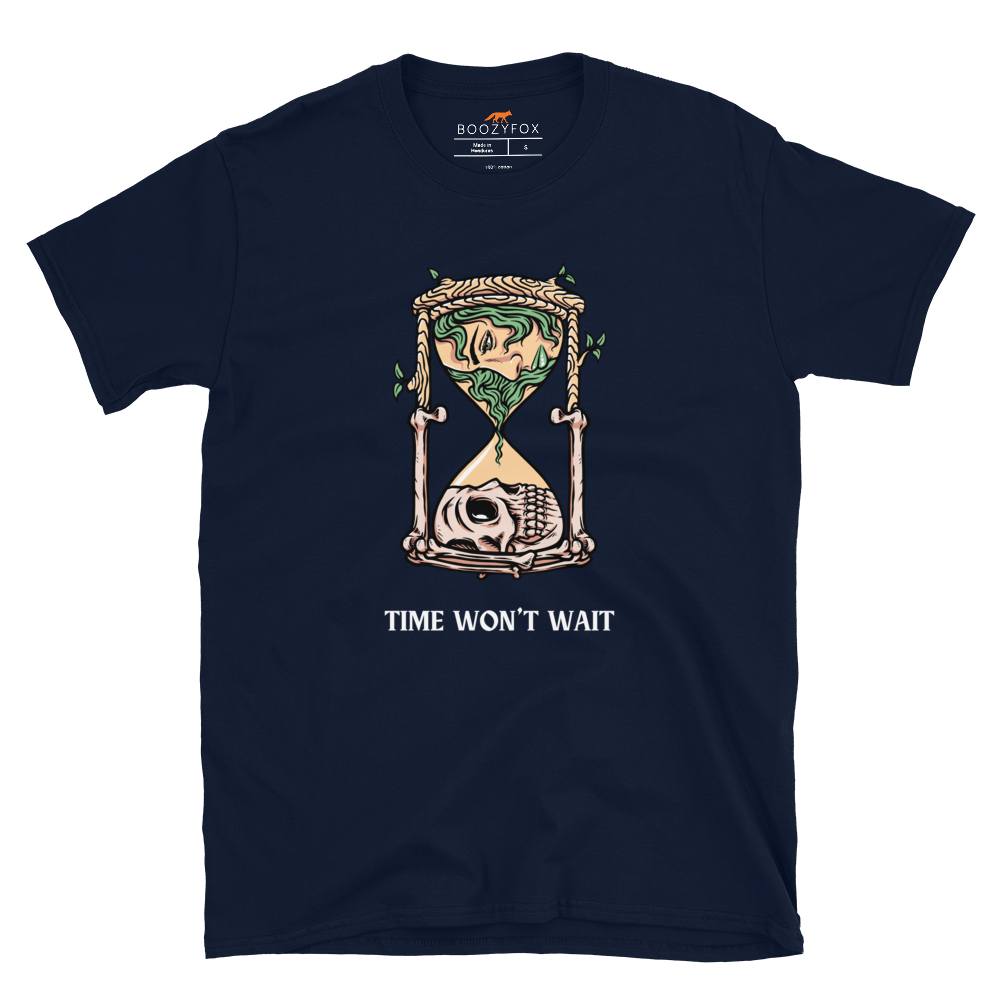 Navy Hourglass T-Shirt featuring a captivating Time Won't Wait graphic on the chest - Cool Graphic Hourglass T-Shirts - Boozy Fox
