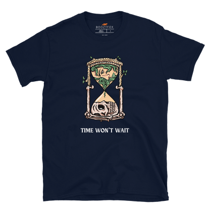 Navy Hourglass T-Shirt featuring a captivating Time Won't Wait graphic on the chest - Cool Graphic Hourglass T-Shirts - Boozy Fox