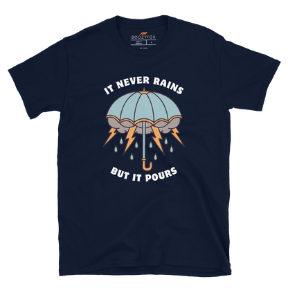 Navy Umbrella T-Shirt featuring a unique It Never Rains But It Pours graphic on the chest - Cool Tattoo-Inspired Graphic Umbrella T-Shirts - Boozy Fox