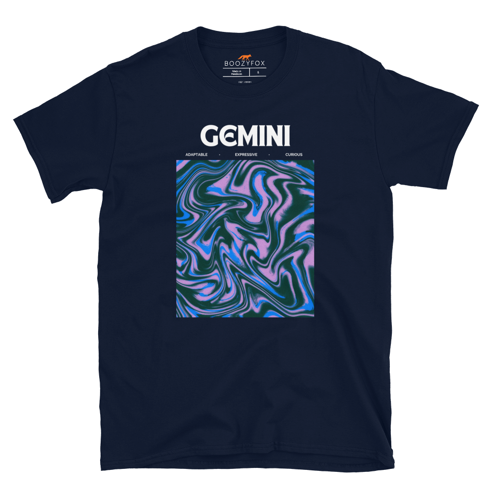 Navy Gemini T-Shirt featuring an Abstract Gemini Star Sign graphic on the chest - Cool Graphic Zodiac T-Shirts - Boozy Fox