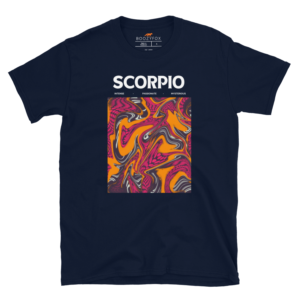 Navy Scorpio T-Shirt featuring an Abstract Scorpio Star Sign graphic on the chest - Cool Graphic Zodiac T-Shirts - Boozy Fox