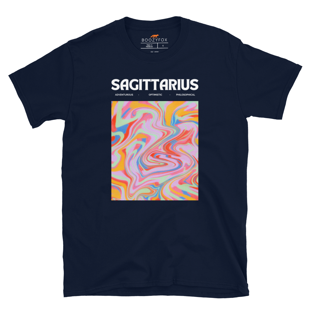Navy Sagittarius T-Shirt featuring an Abstract Sagittarius Star Sign graphic on the chest - Cool Graphic Zodiac T-Shirts - Boozy Fox