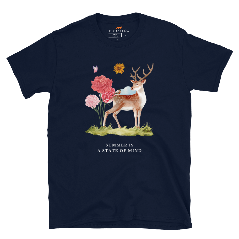Navy Summer Is a State of Mind T-Shirt Featuring a Summer Is a State of Mind graphic on the chest - Cute Graphic Summer T-Shirts - Boozy Fox