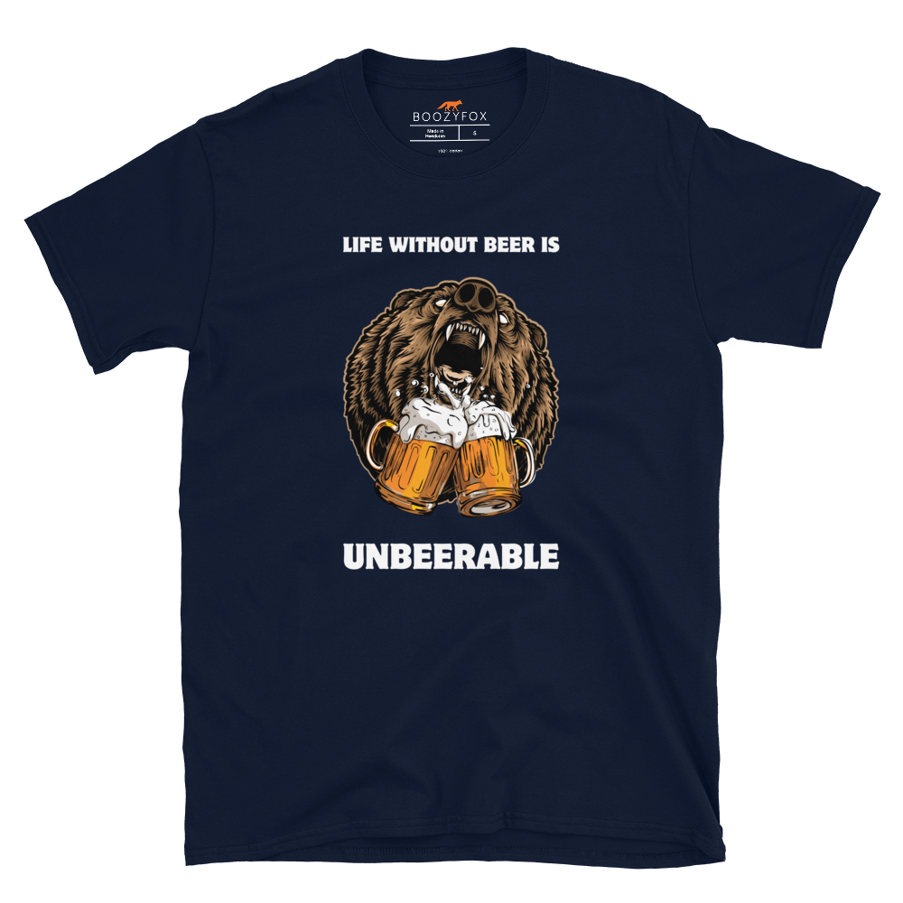 Navy Bear T-Shirt featuring a Life Without Beer Is Unbeerable graphic on the chest - Funny Graphic Bear T-Shirts - Boozy Fox