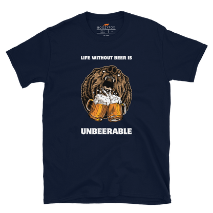 Navy Bear T-Shirt featuring a Life Without Beer Is Unbeerable graphic on the chest - Funny Graphic Bear T-Shirts - Boozy Fox