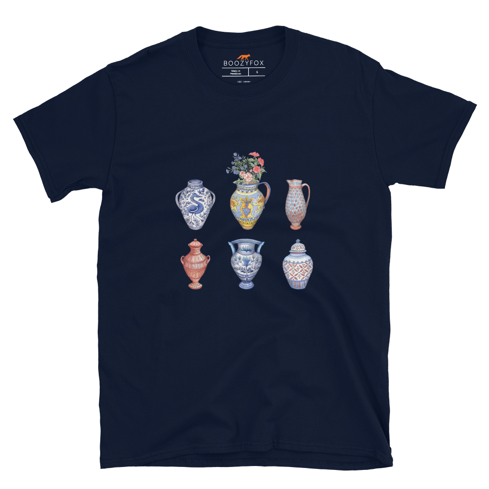 Navy Vase T-Shirt featuring a chic vase graphic on the chest - Artsy Graphic Vase T-Shirts - Boozy Fox