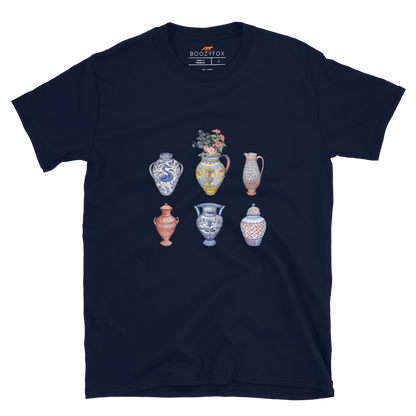 Navy Vase T-Shirt featuring a chic vase graphic on the chest - Artsy Graphic Vase T-Shirts - Boozy Fox