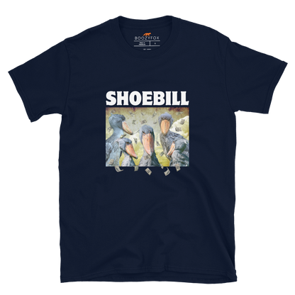 Navy Shoebill T-Shirt featuring a cool Shoebill graphic on the chest - Artsy/Funny Graphic Shoebill Stork T-Shirts - Boozy Fox