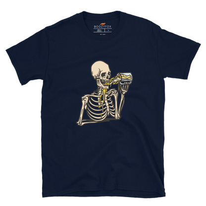 Skeleton Drinking Beer T-Shirt Online - Navy - Boozy Fox