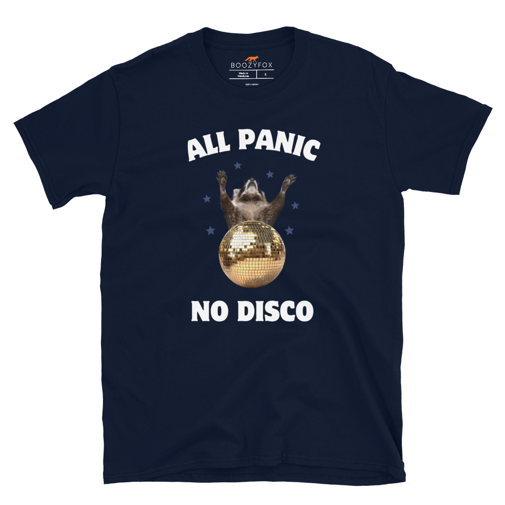 Funny All Panic No Disco Raccoon graphic t-shirt in navy by Boozy Fox