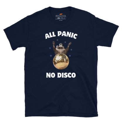 Funny All Panic No Disco Raccoon graphic t-shirt in navy by Boozy Fox