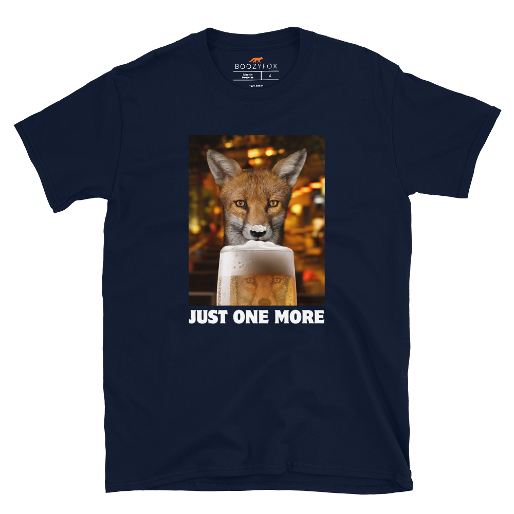 Funny Just One More Fox graphic t-shirt in navy by Boozy Fox