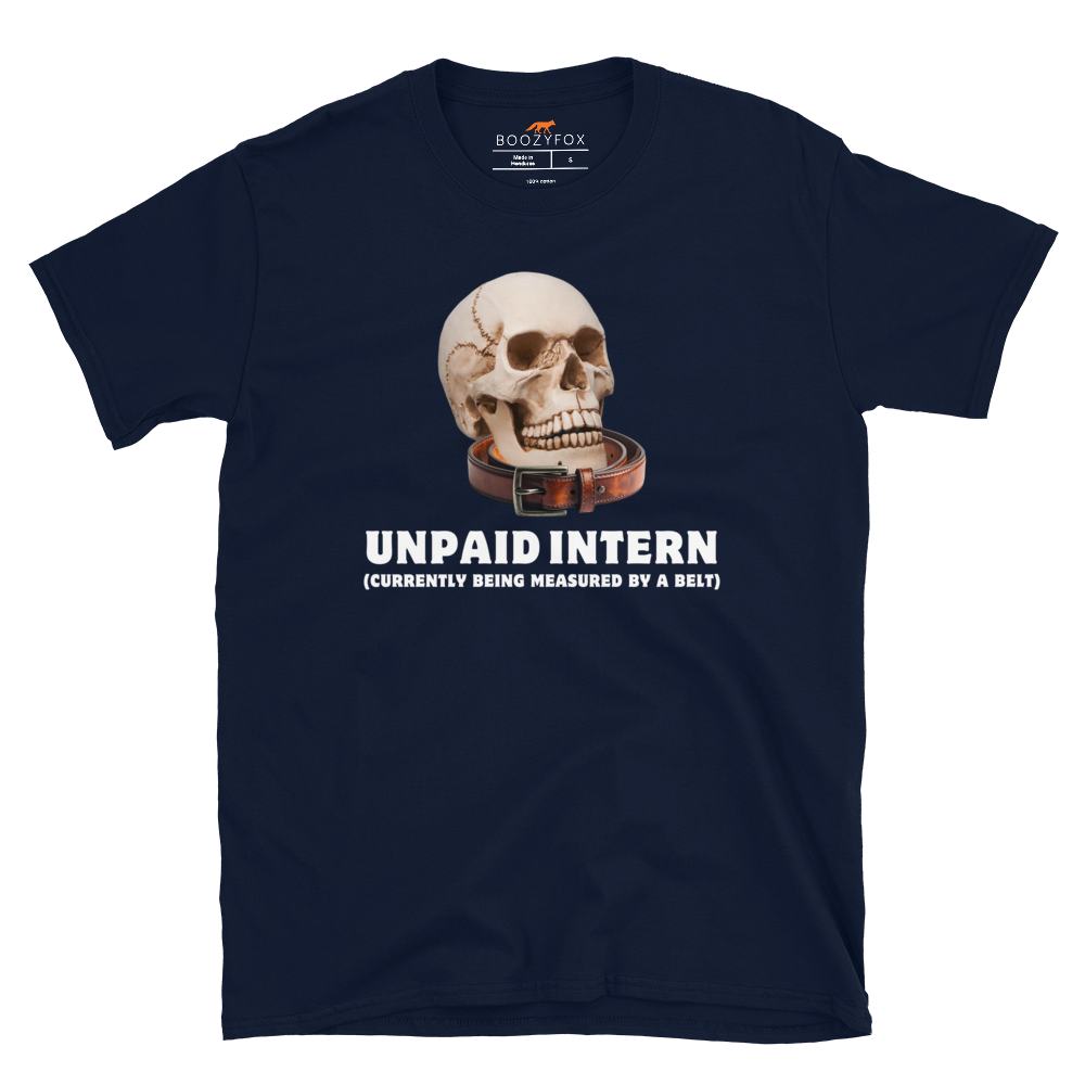 Funny Unpaid Intern Skull graphic t-shirt in navy by Boozy Fox