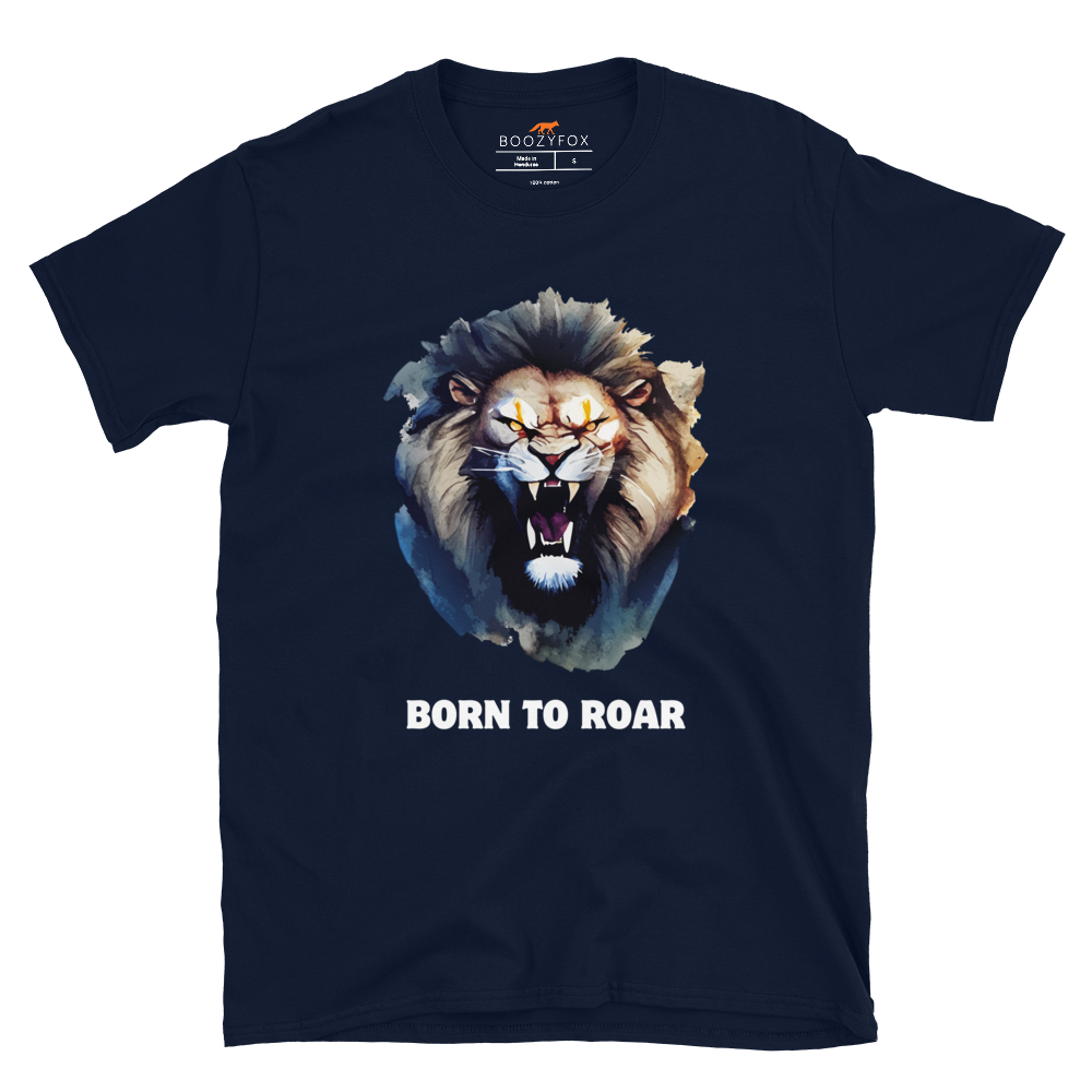 Funny Born to Roar Lion graphic t-shirt in navy by Boozy Fox