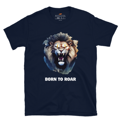 Funny Born to Roar Lion graphic t-shirt in navy by Boozy Fox