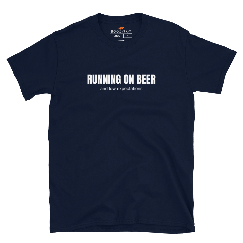 Funny Running on Beer graphic t-shirt in navy by Boozy Fox