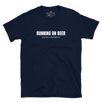 Funny Running on Beer graphic t-shirt in navy by Boozy Fox