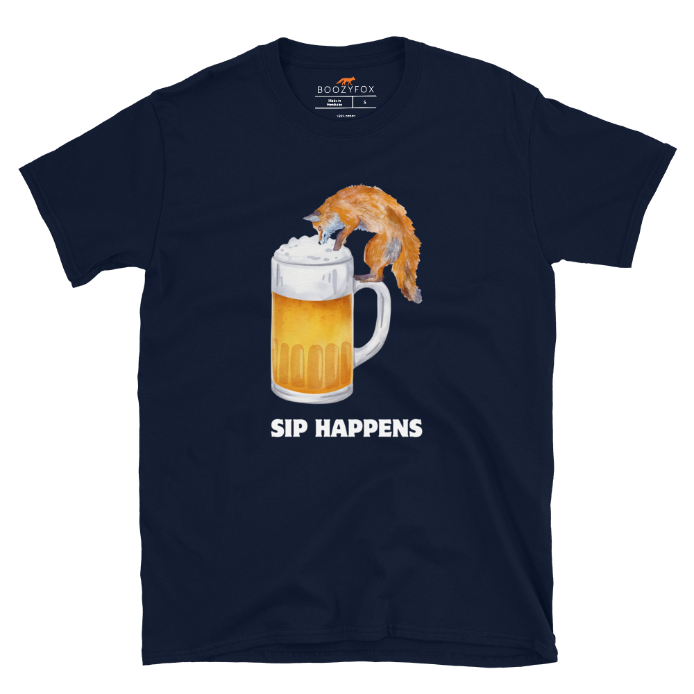 Funny Sip Happens Fox beer graphic t-shirt in navy by Boozy Fox