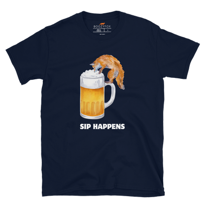 Funny Sip Happens Fox beer graphic t-shirt in navy by Boozy Fox