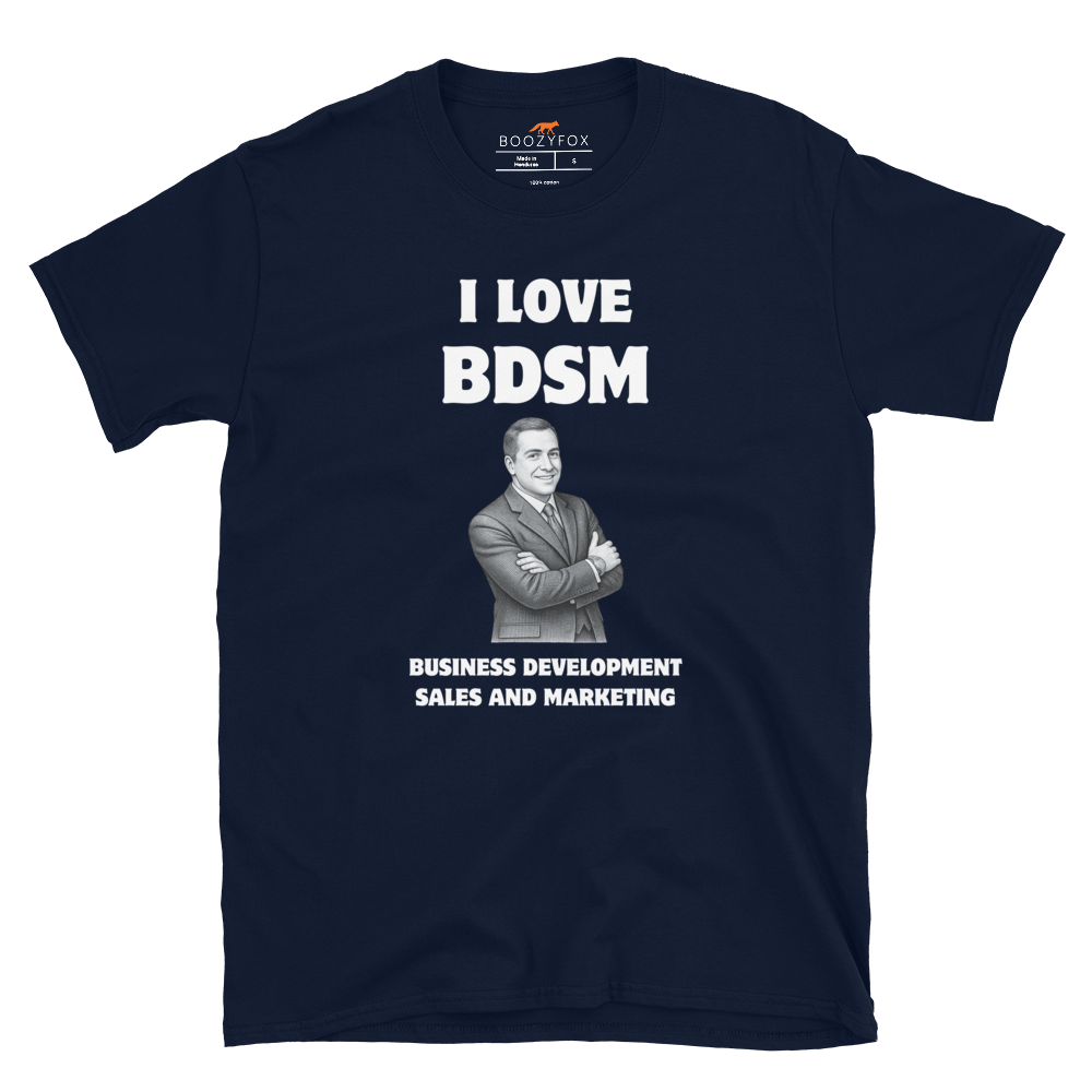 Funny BDSM Business Development Office & Marketing graphic t-shirt in navy by Boozy Fox