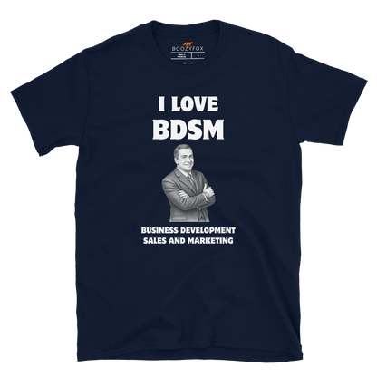 Funny BDSM Business Development Office & Marketing graphic t-shirt in navy by Boozy Fox