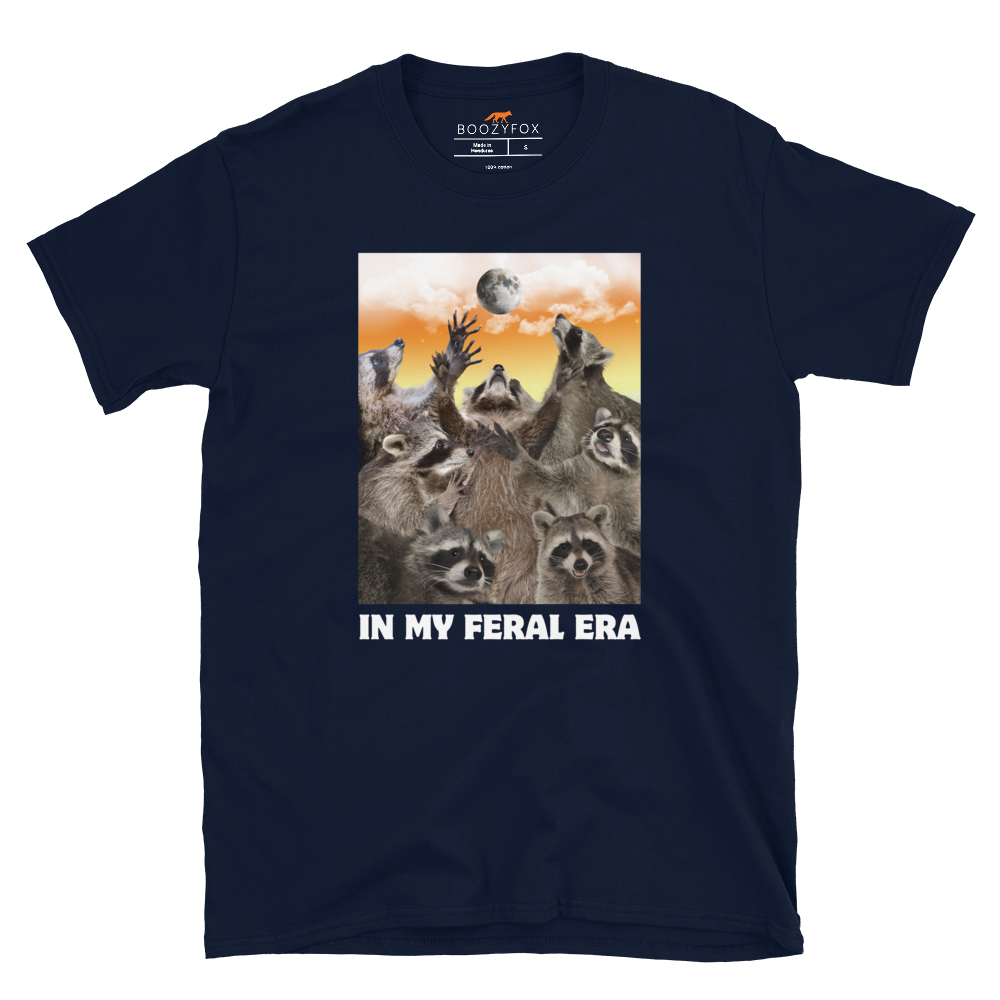 Funny In My Feral Era Raccoon graphic t-shirt in navy by Boozy Fox