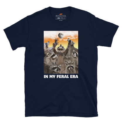 Funny In My Feral Era Raccoon graphic t-shirt in navy by Boozy Fox