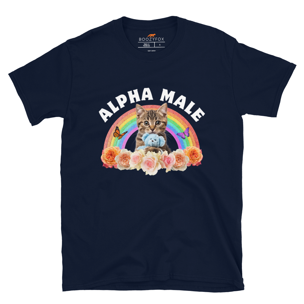 Funny Alpha Male Cat rainbow roses graphic t-shirt in navy by Boozy Fox