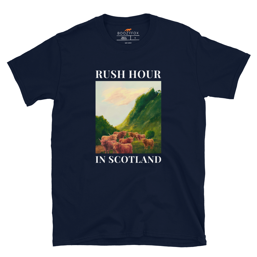 Funny Highland Cow Rush Hour in Scotland graphic t-shirt in navy by Boozy Fox
