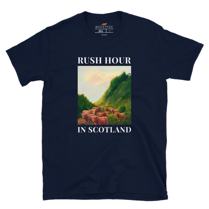 Funny Highland Cow Rush Hour in Scotland graphic t-shirt in navy by Boozy Fox
