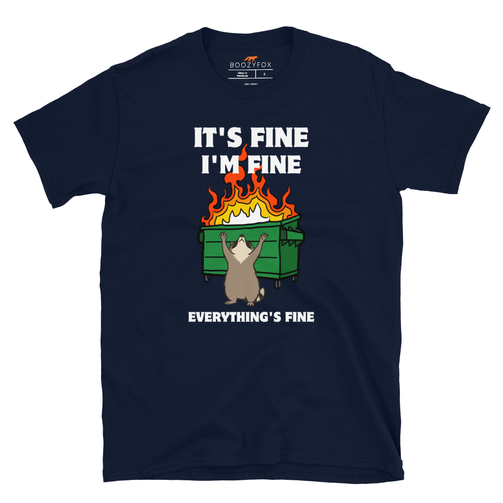 Funny Dumpster Fire Raccoon graphic t-shirt in navy by Boozy Fox