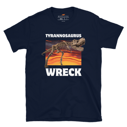 Funny Tyrannosaurus Wreck T-Rex Dinosaur graphic t-shirt in navy by Boozy Fox
