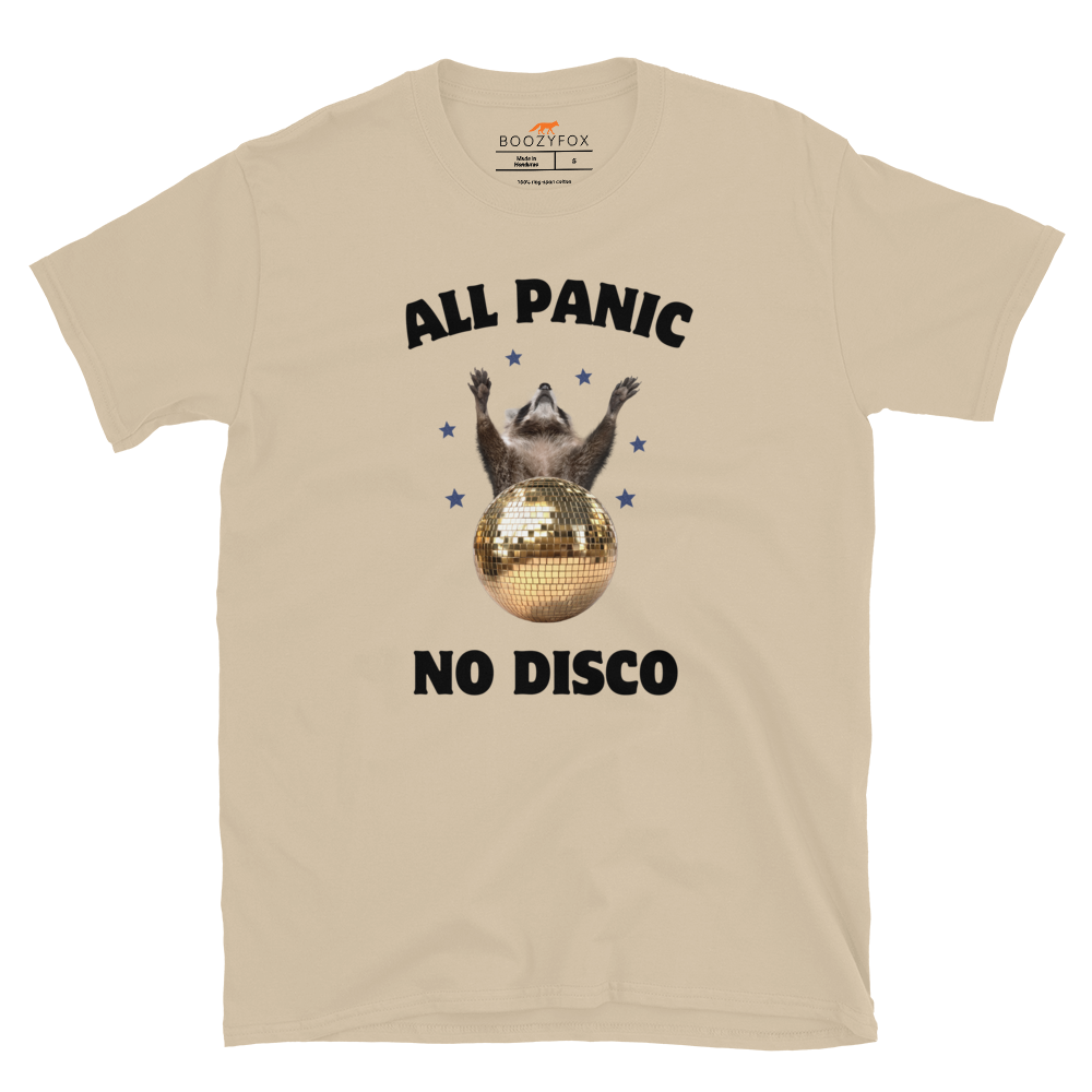 Funny All Panic No Disco Raccoon graphic t-shirt in sand by Boozy Fox