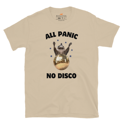 Funny All Panic No Disco Raccoon graphic t-shirt in sand by Boozy Fox