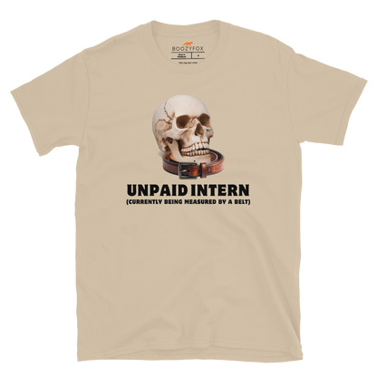 Funny Unpaid Intern Skull graphic t-shirt in sand by Boozy Fox