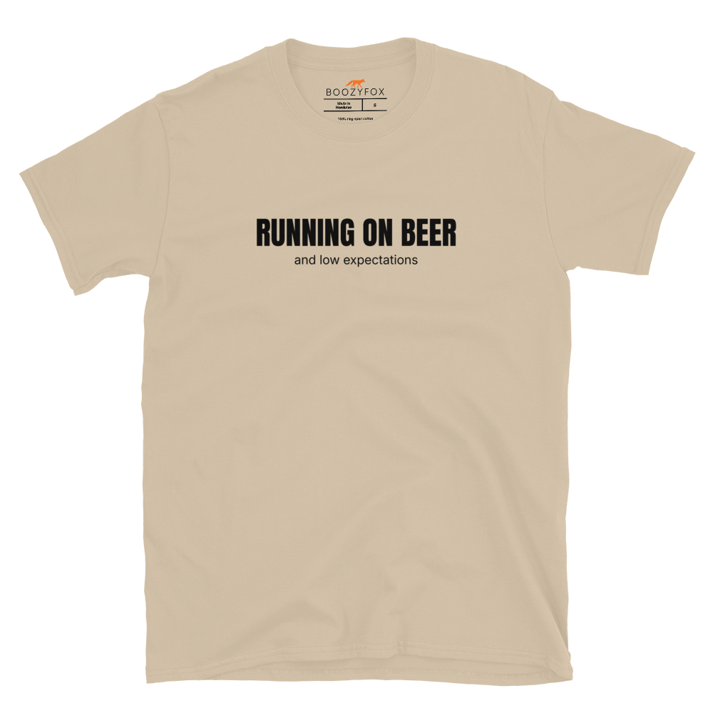 Funny Running on Beer graphic t-shirt in sand by Boozy Fox