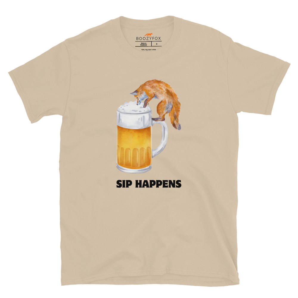 Funny Sip Happens Fox beer graphic t-shirt in sand by Boozy Fox