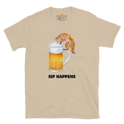 Funny Sip Happens Fox beer graphic t-shirt in sand by Boozy Fox